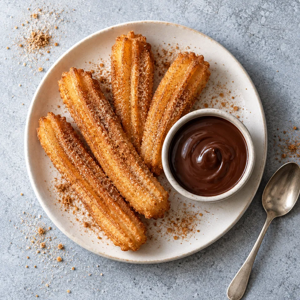 Churros au four, sauce chocolat : quatre bâtonnets dorés et croustillants sur une assiette blanche, accompagnés d'une sauce chocolat lisse.