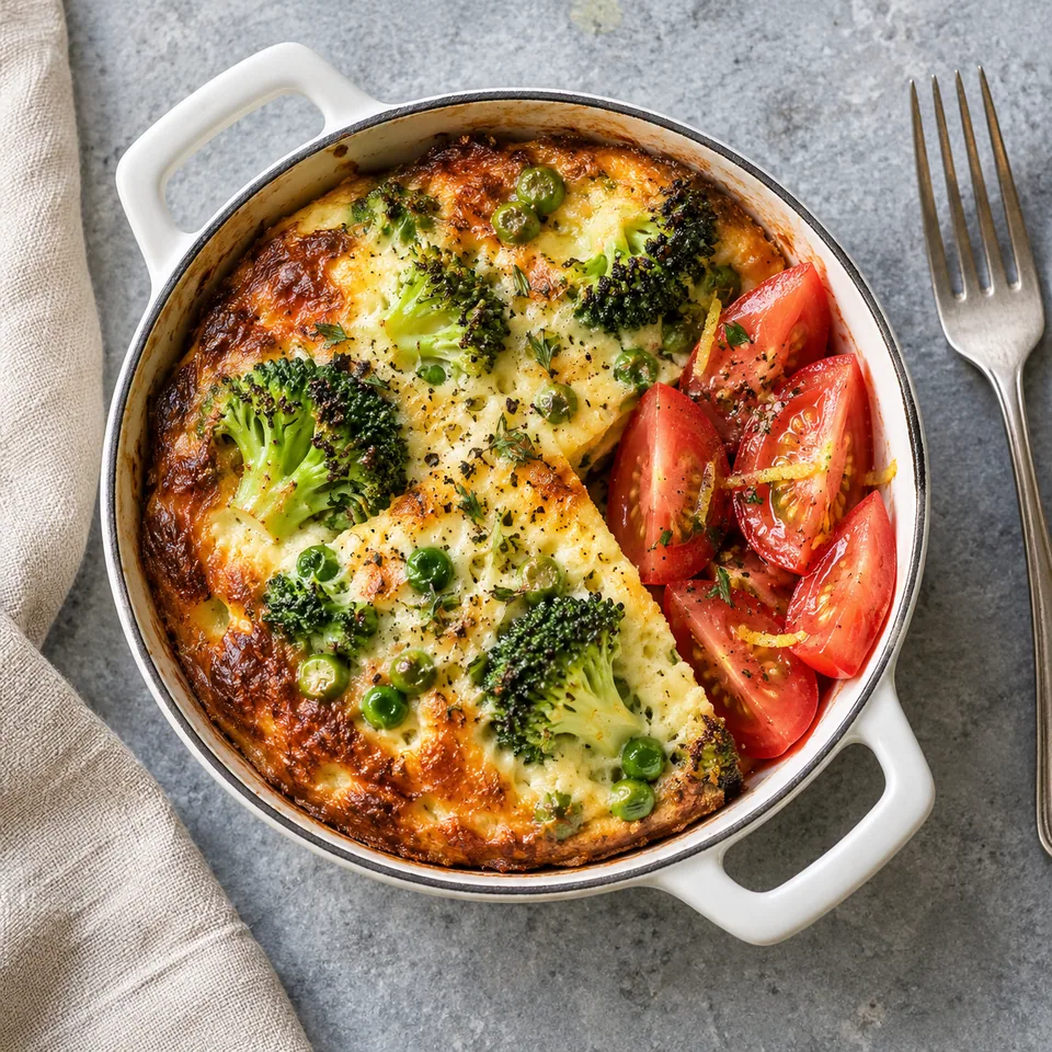 Clafoutis doré au brocoli et fromage servi dans une cocotte, accompagné de quartiers de tomates fraîches.