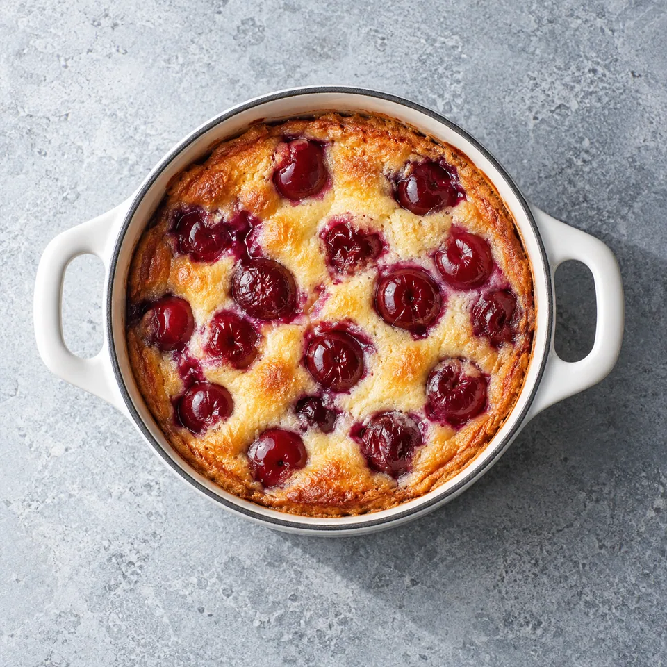 Clafoutis minute aux cerises dans une petite cocotte blanche, pâte dorée et cerises rouges brillantes.