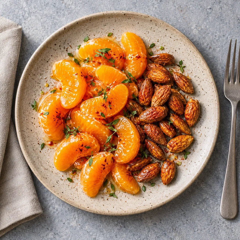 Clémentines et amandes grillées au paprika : quartiers d'agrumes brillants et amandes dorées croustillantes sur une assiette en grès beige.