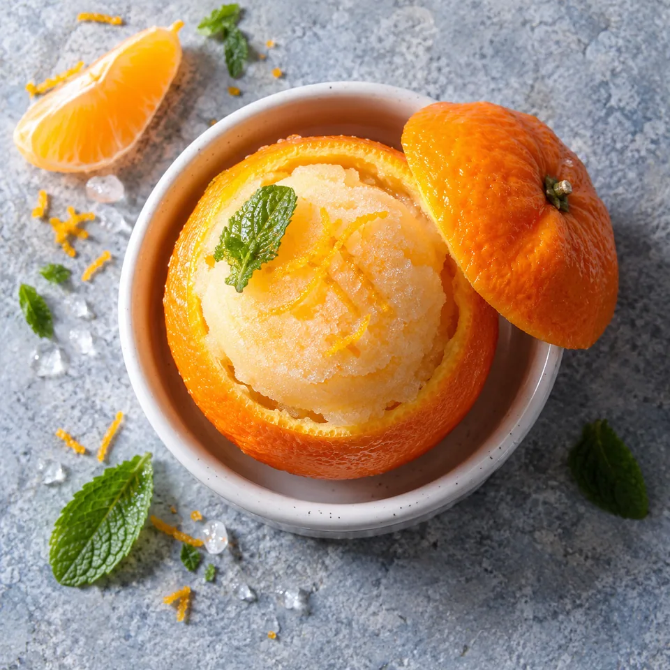 Clémentines givrées au sorbet maison : une clémentine farcie de sorbet orange lisse, servie dans un ramequin blanc cassé.