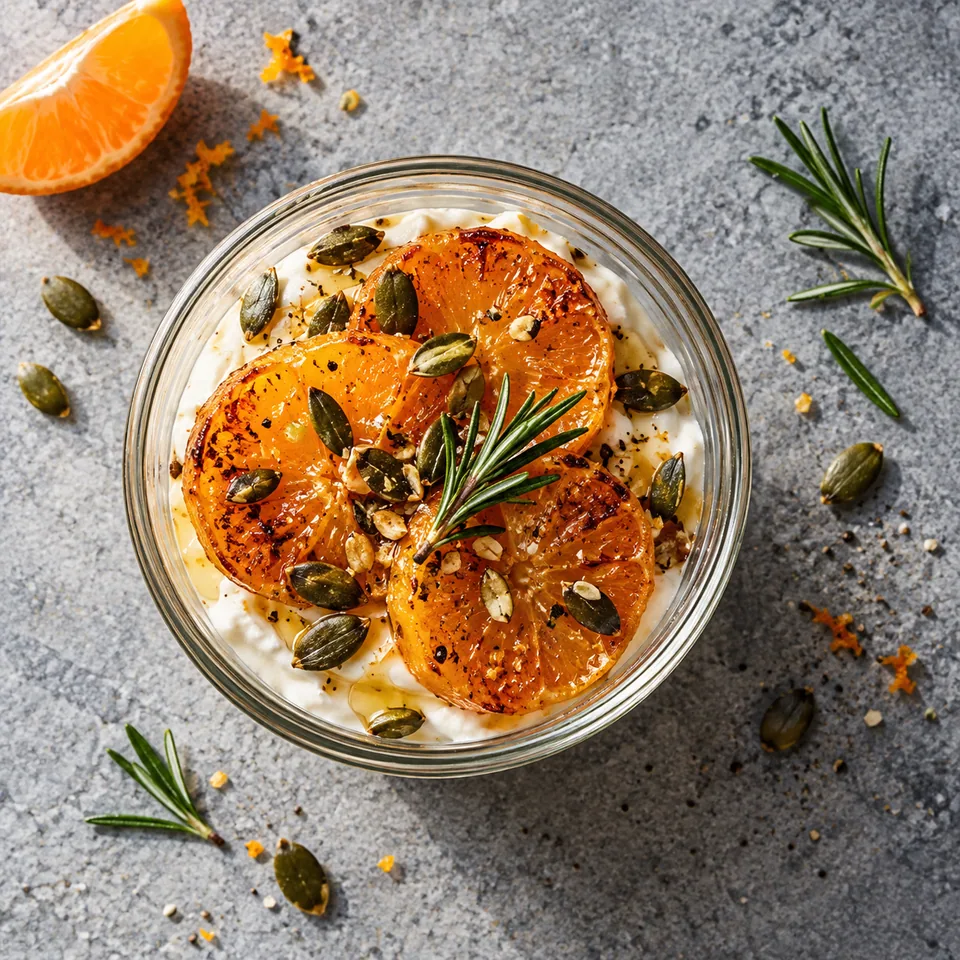 Verrine de clémentines rôties au miel sur skyr, parsemée de graines de courge et de romarin.