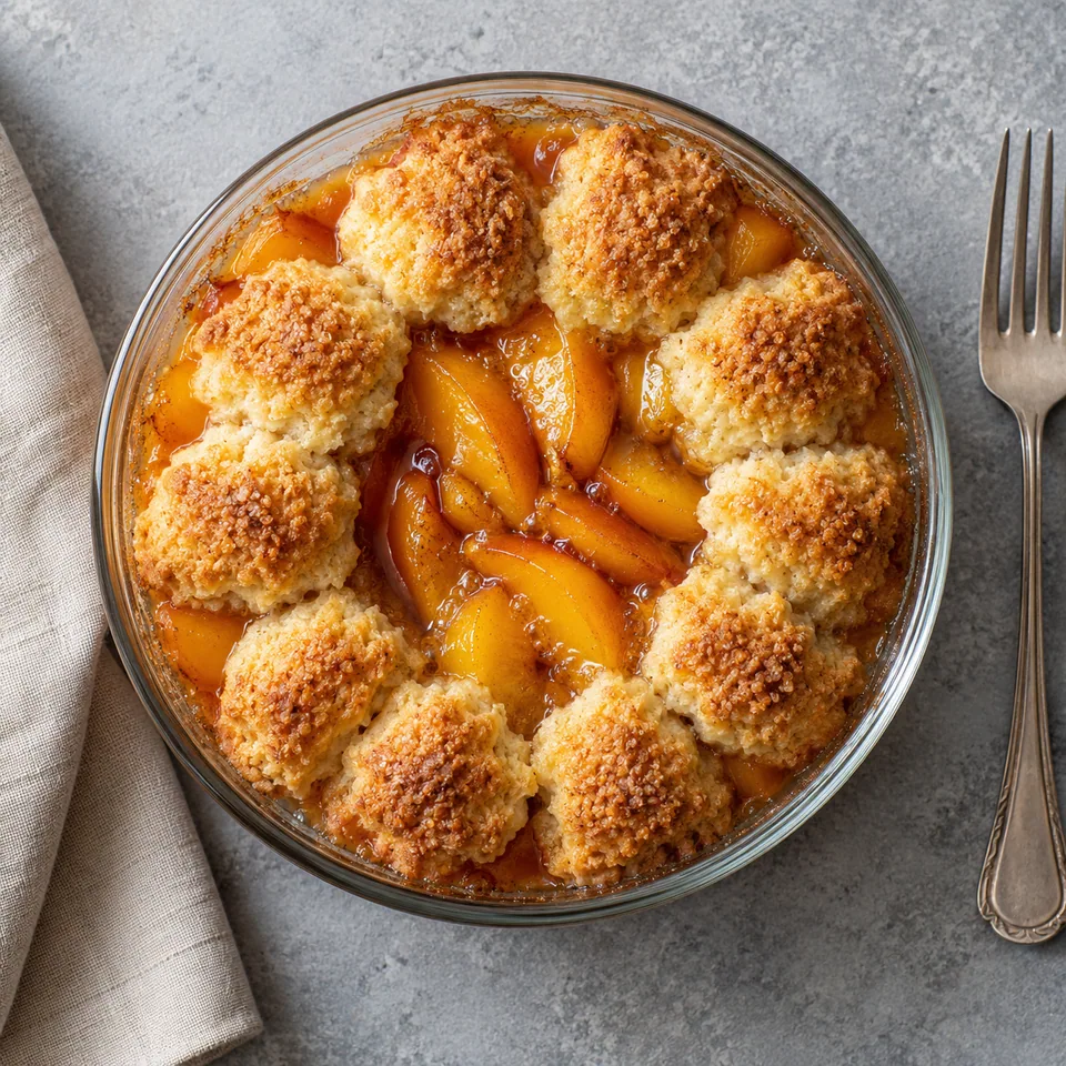 Cobbler aux pêches : biscuits dorés sur des tranches de pêches fondantes dans une verrine en verre.