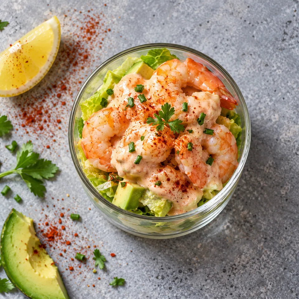 Cocktail de crevettes au paprika fumé dans une verrine : crevettes roses, avocat vert et salade verte.