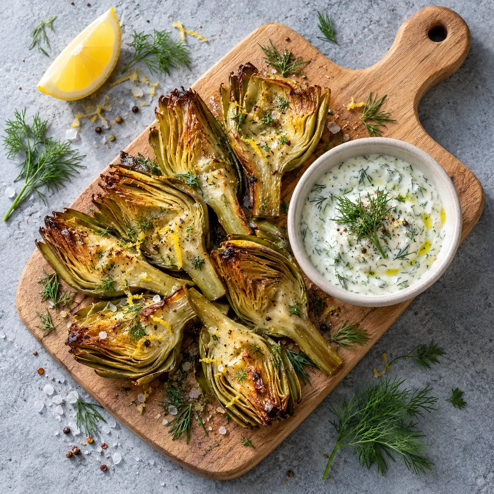 Cœurs d’artichaut rôtis dorés et sauce yaourt-aneth verte sur planche en bois