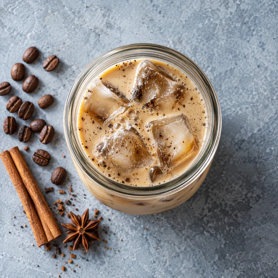 Cola de mono : bocal en verre rempli de glaçons et de café au lait glacé beige clair.