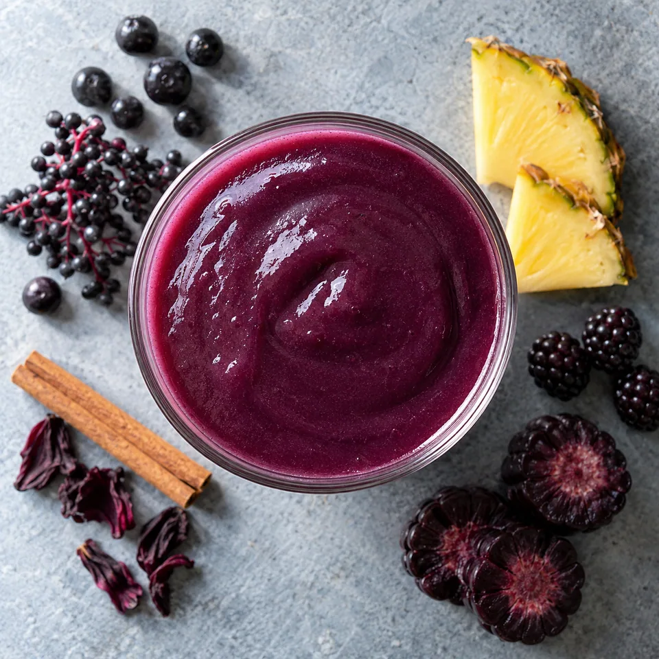 Colada morada aux fruits violets dans un verre transparent, boisson épaisse et lisse de couleur violet profond.