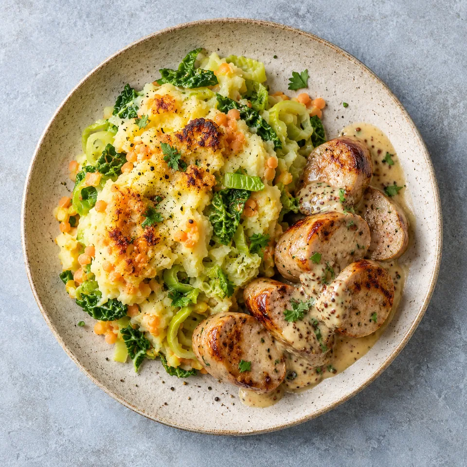 Assiette de colcannon aux poireaux et saucisses de volaille sur fond beige moucheté.