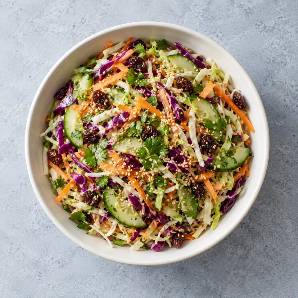 Coleslaw asiatique : salade de choux, carotte râpée, concombre, raisins secs et coriandre dans un bol.