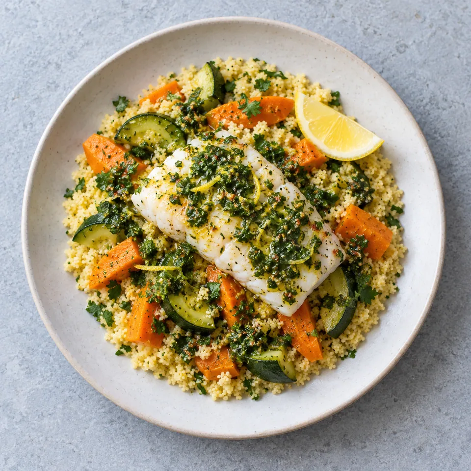 Colin blanc nappé de chermoula verte, servi avec semoule égrenée, courgette et carotte tendres.