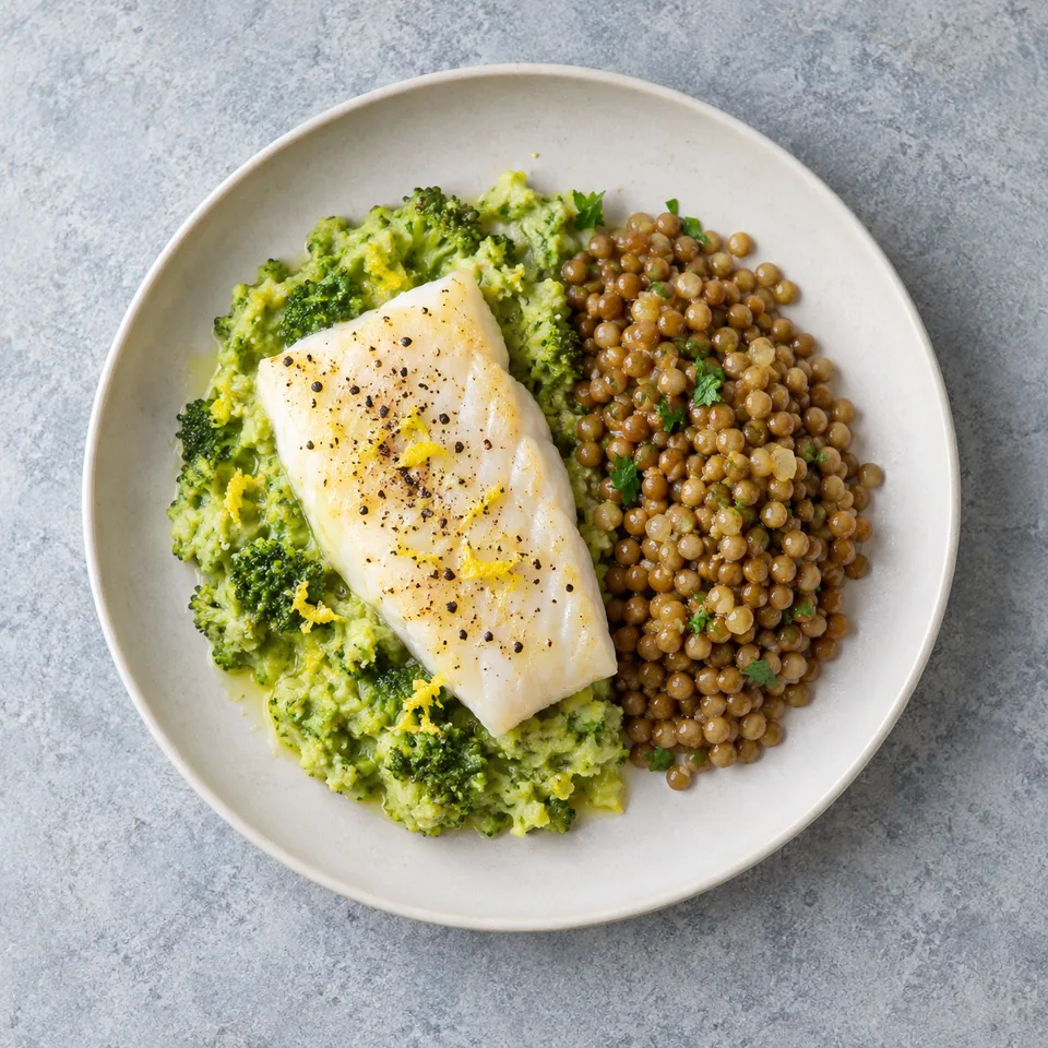 Colin blanc sur écrasé vert de brocoli citronné, accompagné de lentilles blondes dans une assiette.