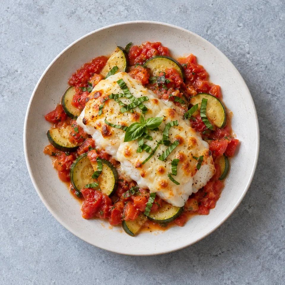 Colin gratiné tomate, mozzarella et basilic : poisson nappé de fromage fondu, tomates rouges et demi-rondelles de courgette.