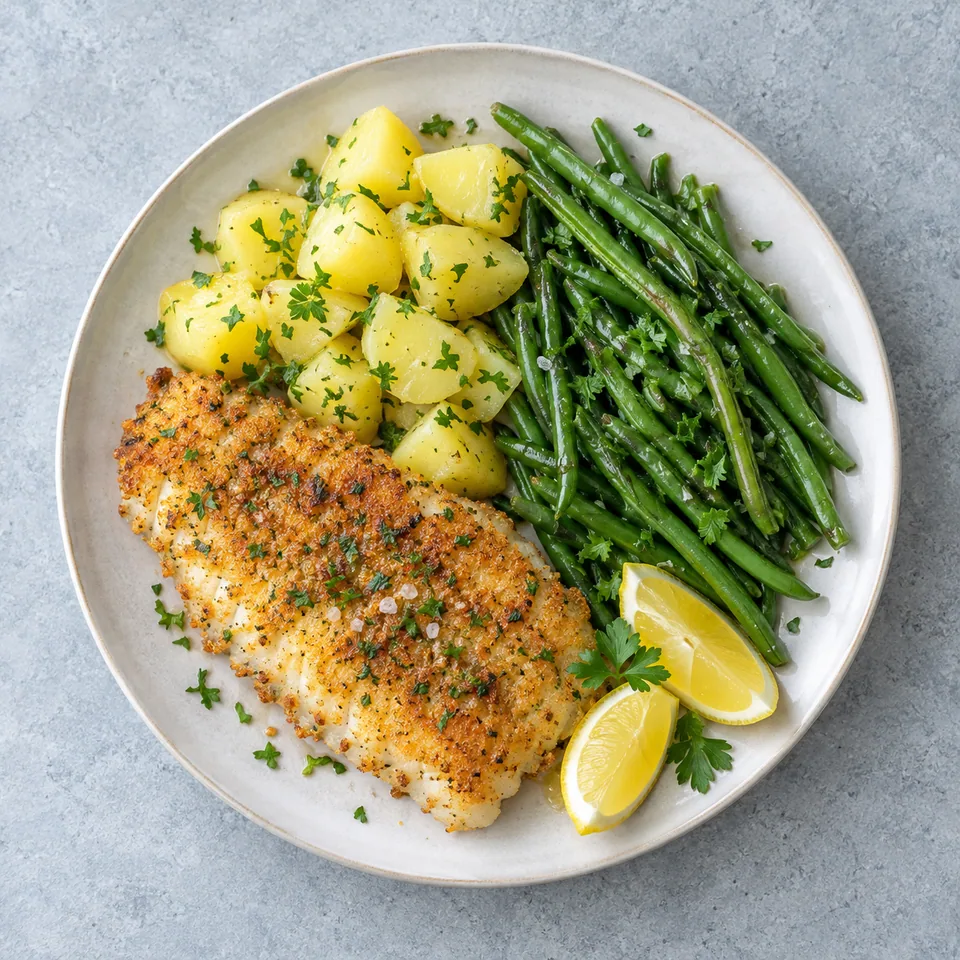 Colin meunière doré avec dés de pommes de terre, haricots verts, quartiers de citron et persil.
