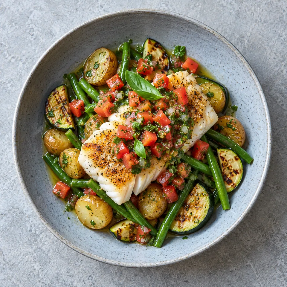 Colin rôti, sauce vierge et courgettes grillées sur assiette bleue