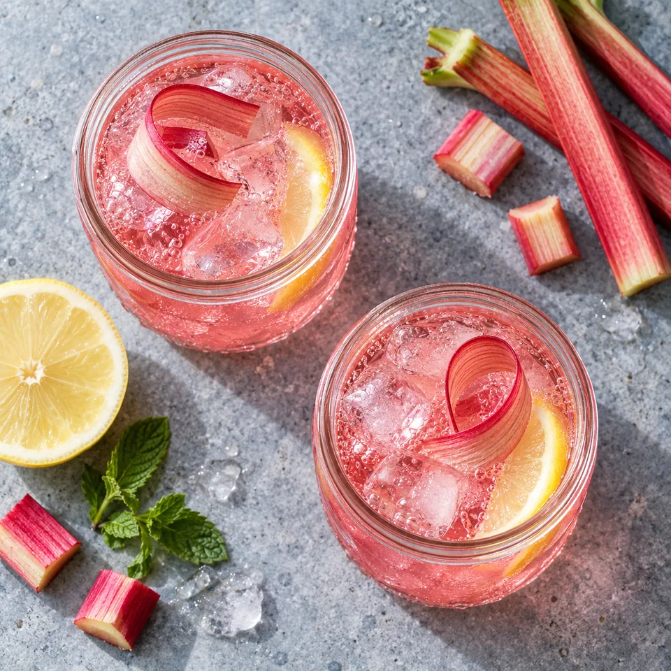 Collins à la rhubarbe, au gin et au citron : deux portions dans des bocaux en verre avec glaçons et ruban de rhubarbe.