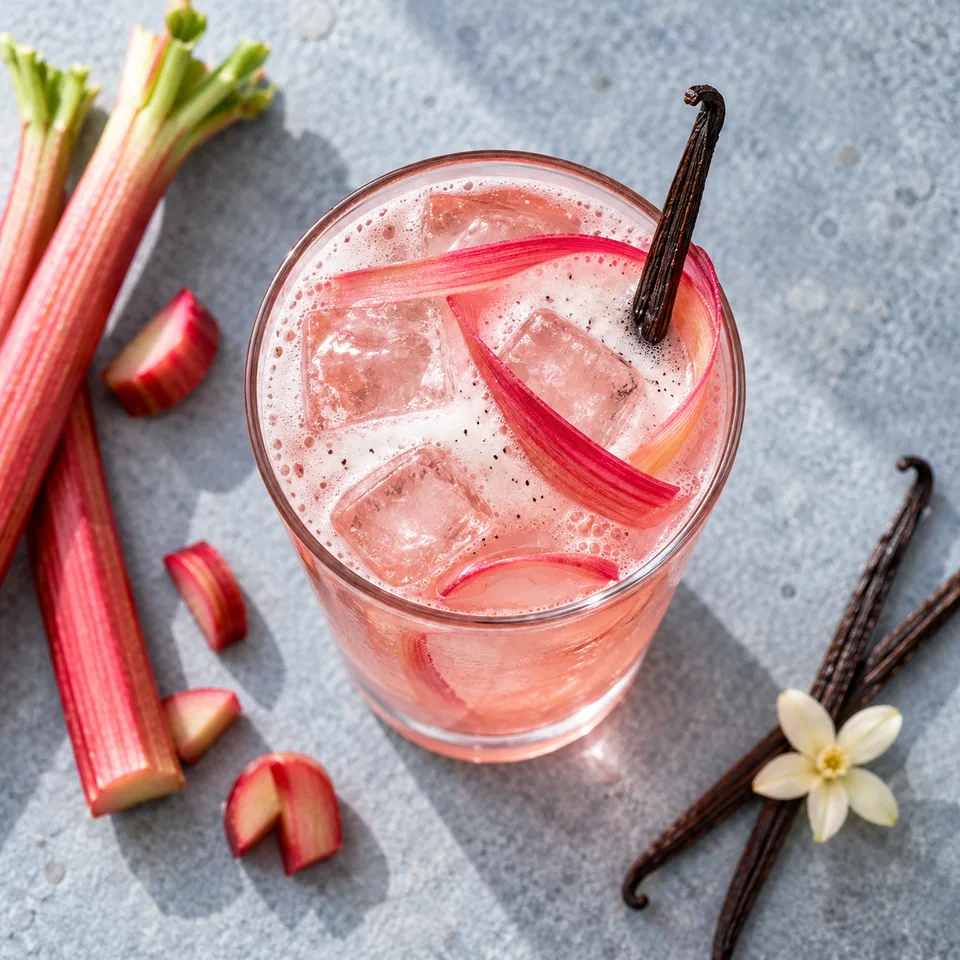 Collins à la rhubarbe et à la vanille dans un verre, avec rubans de rhubarbe et glaçons.