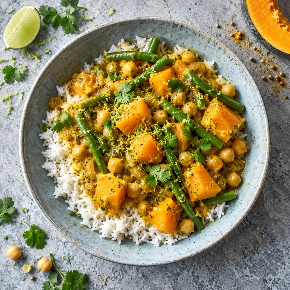 Colombo de pois chiches et giraumon sur riz créole, avec haricots verts et zestes de citron vert dans une assiette creuse bleu-gris.