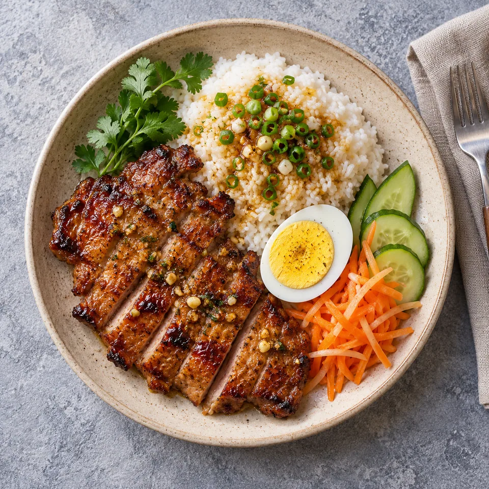 Côte de porc grillée, riz, œuf et légumes sur assiette beige