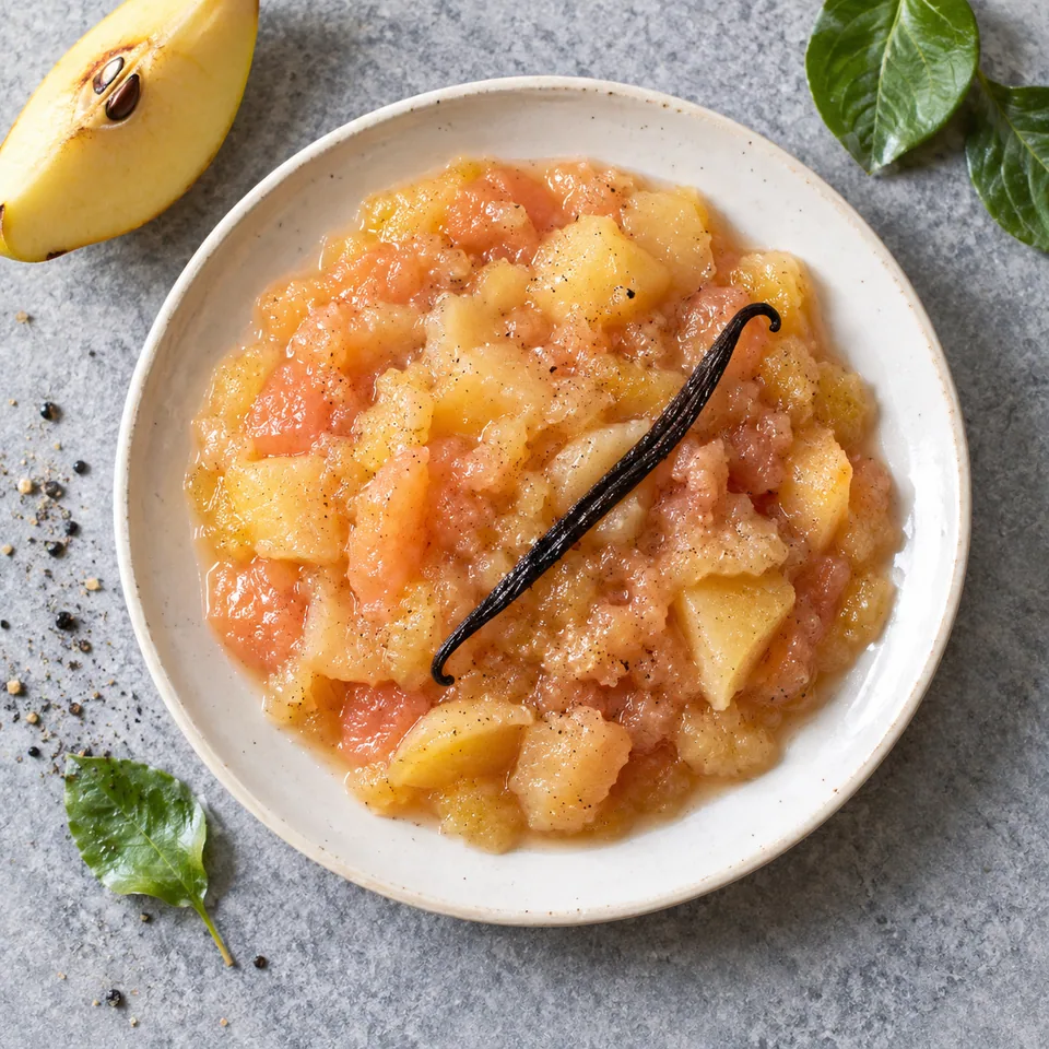 Compote pomme-coing à la vanille dans une petite assiette blanche, texture fondante et points de vanille.