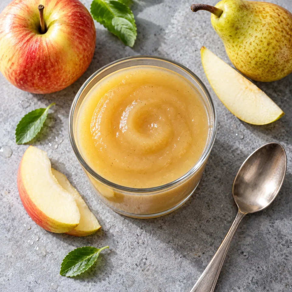 Compote pomme-poire à boire dans une verrine en verre, texture lisse et couleur beige doré.