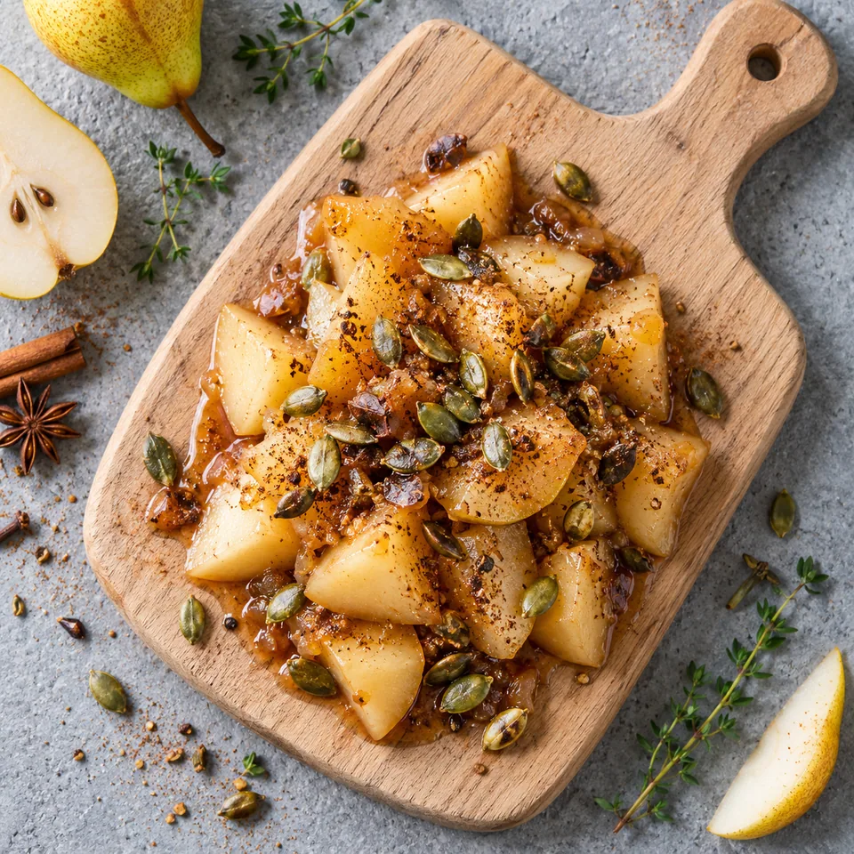 Compotée de poires aux épices et graines de courge sur planche en bois, dés fondants et graines grillées.