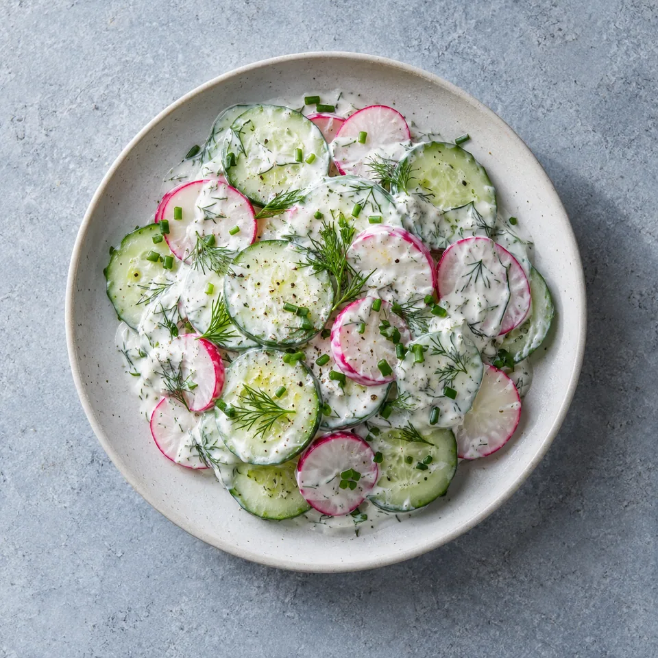 Concombre et radis à la crème : rondelles de légumes verts et rouges nappées de sauce blanche et aneth.