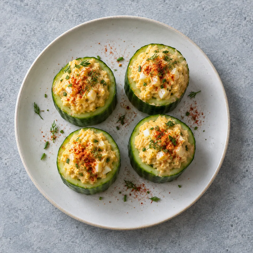Concombre farci au houmous et œuf : tronçons de concombre garnis d'un mélange crémeux orange et saupoudrés de paprika rouge.
