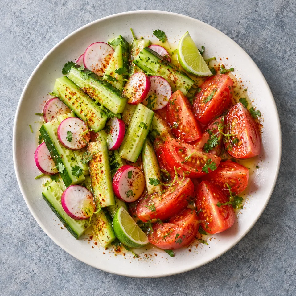 Salade de concombre, radis et tomates au citron vert sur assiette blanche