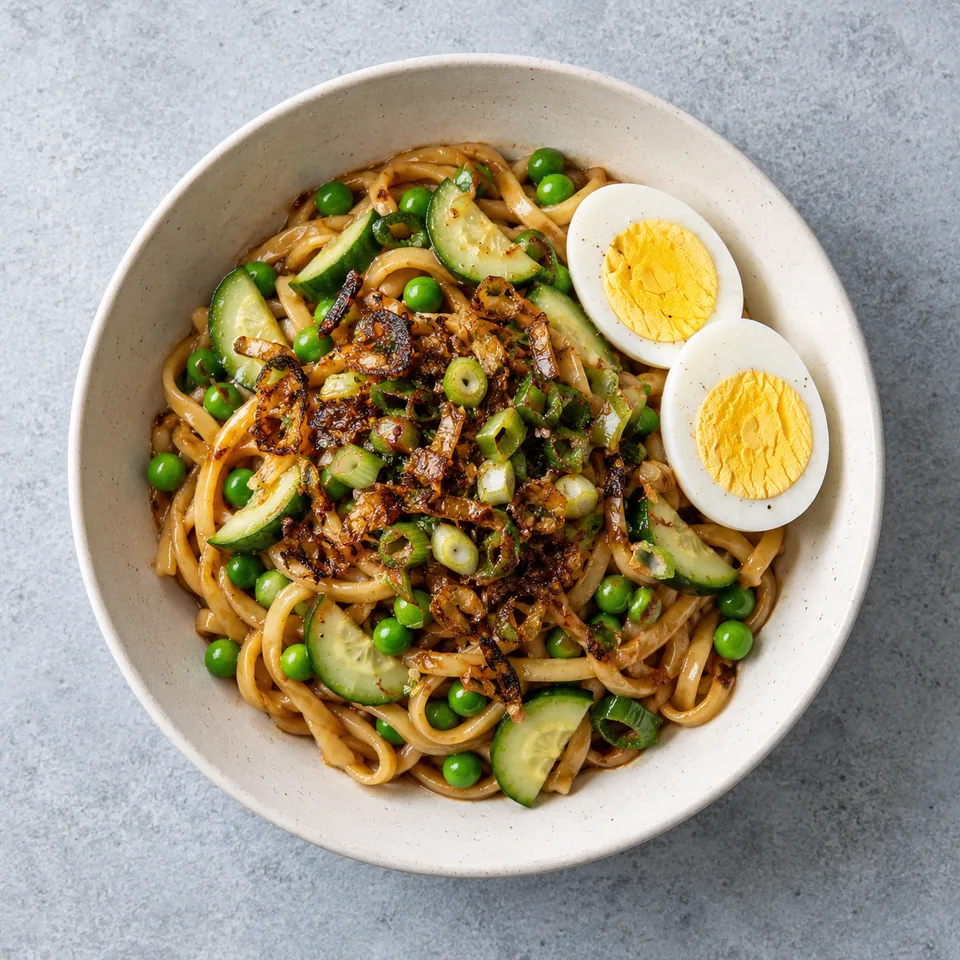Bol de nouilles Cong you ban mian avec œuf dur, petits pois, concombre et oignons frits dorés.