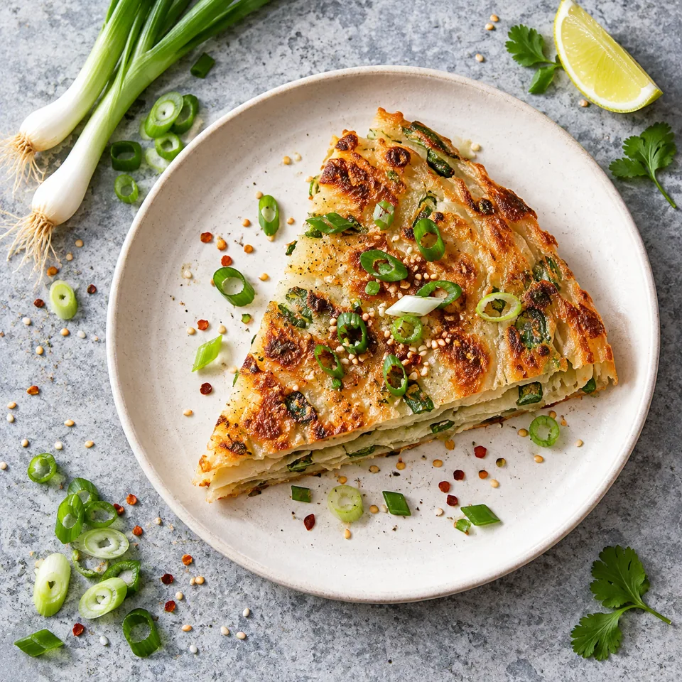 Part de Cong you bing aux oignons nouveaux, galette feuilletée dorée et croustillante avec des oignons verts visibles.