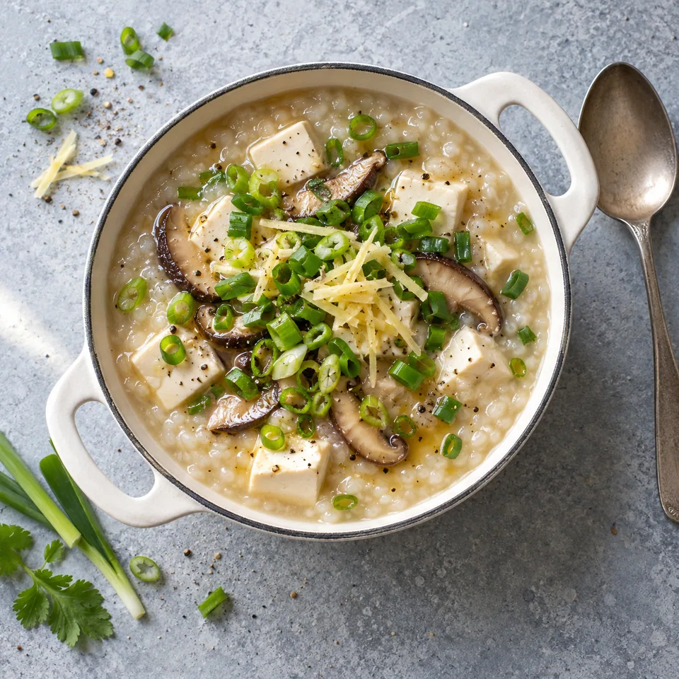 Congee au tofu, gingembre et oignon nouveau dans une petite cocotte blanche, garnie d'oignons verts.