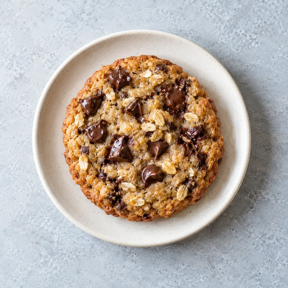 Cookie aux pépites de chocolat cuit au micro-ondes, doré et fondant, servi sur une petite assiette blanche.