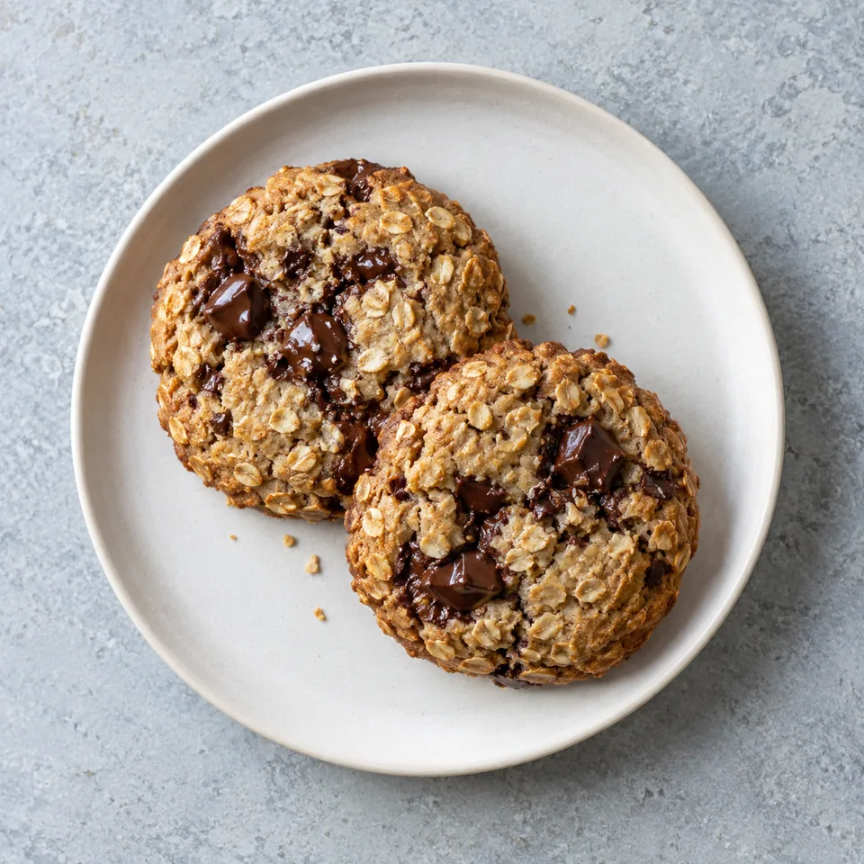 Cookies avoine, chocolat et tahini : deux parts épaisses aux bords dorés avec du chocolat noir fondu visible.