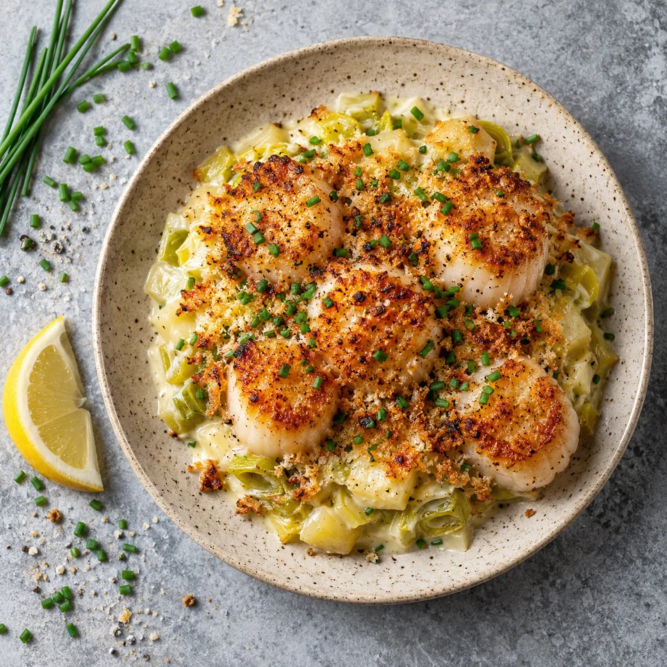 Coquilles Saint-Jacques gratinées aux poireaux : noix dorées sur fond crémeux, croûte croustillante et ciboulette.