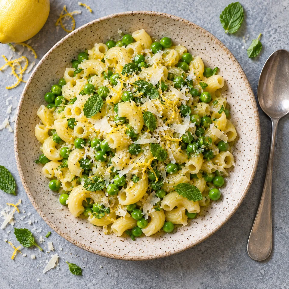 Assiette de coquillettes aux petits pois et citron, parsemée de menthe fraîche et de fromage râpé, sur une assiette en grès beige.