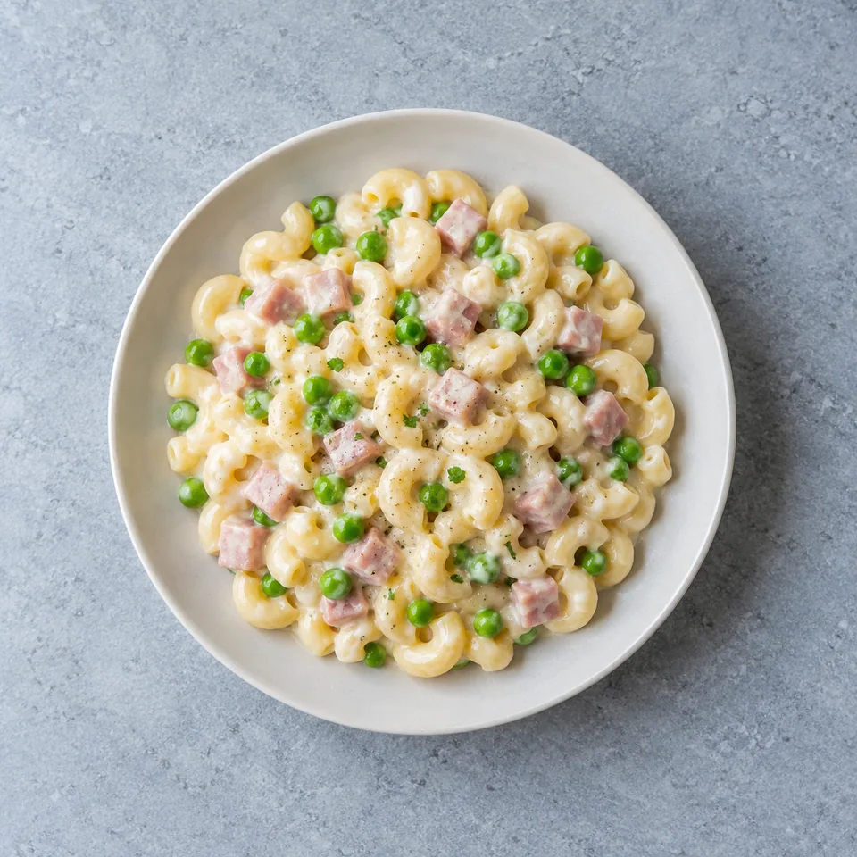 Coquillettes crémeuses au jambon et petits pois : pâtes blanches, dés de jambon et pois verts dans une sauce blanche.