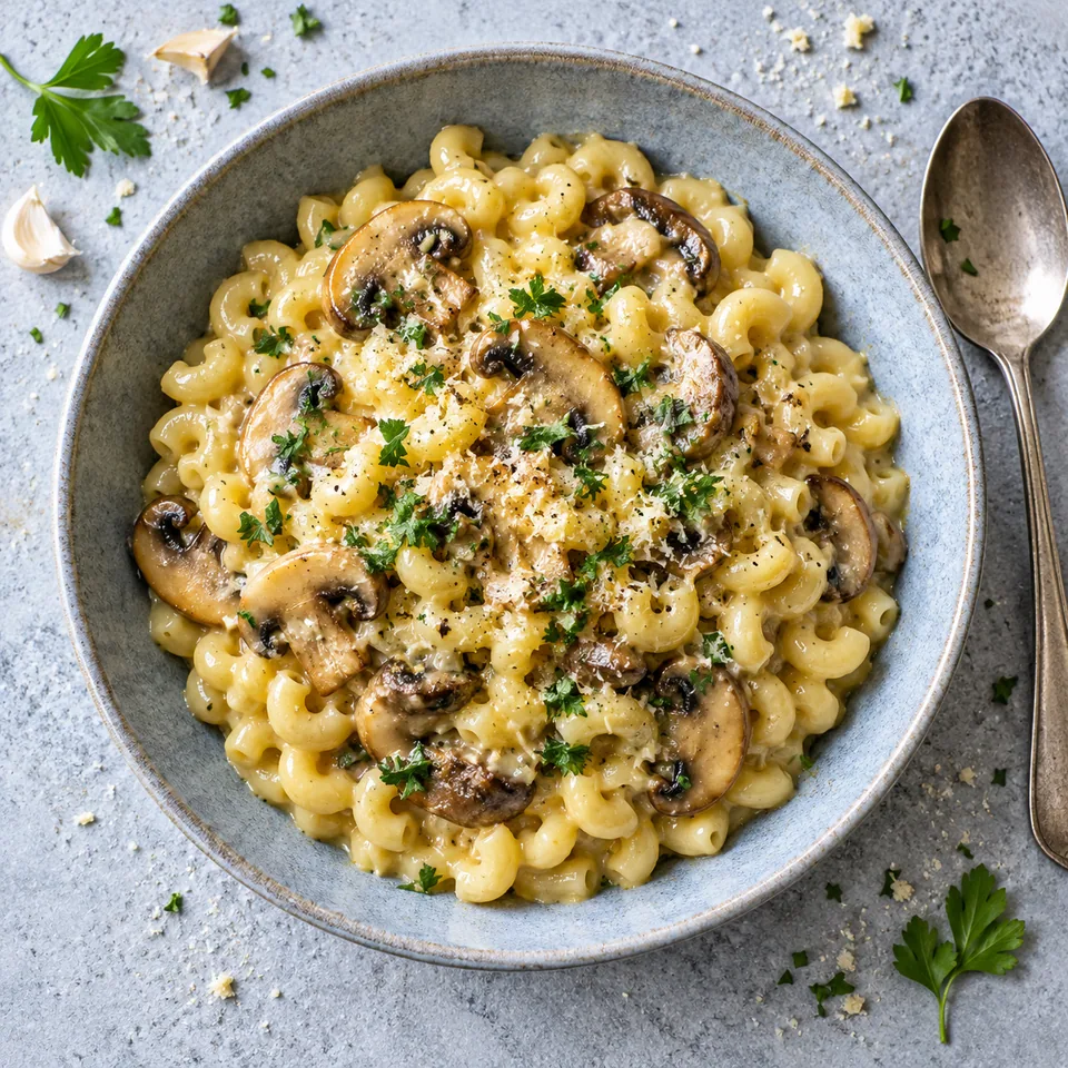 Coquillettes crémeuses aux champignons et à l’ail dans une assiette creuse bleu-gris, sauce onctueuse et pâtes bien visibles.