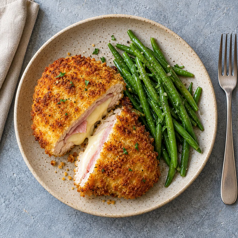 Cordon bleu maison au four et haricots verts : rouleau pané doré ouvert sur son cœur fondant, servi avec des haricots verts brillants sur une assiette beige.