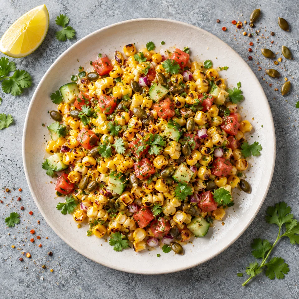 Corn chaat : maïs doré, dés de tomate, concombre, oignon rouge, coriandre et graines de courge sur assiette blanche.
