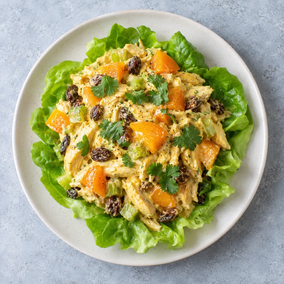 Portion de coronation chicken aux abricots sur lit de laitue, sauce crémeuse dorée et dés de fruits frais.