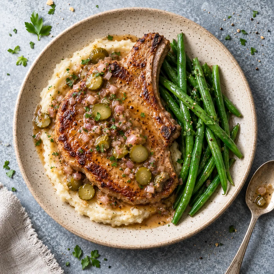 Côte de porc sauce charcutière sur purée de céleri et haricots verts, vue de dessus