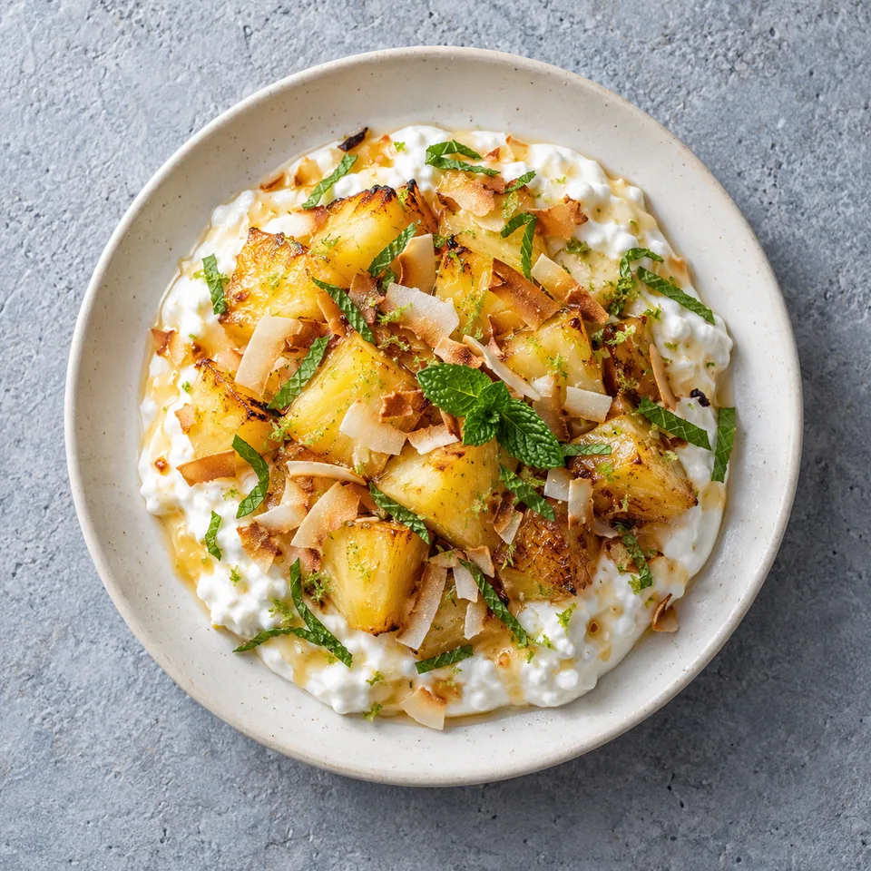 Assiette de cottage cheese crémeux aux dés d'ananas dorés, coco grillée et menthe fraîche.