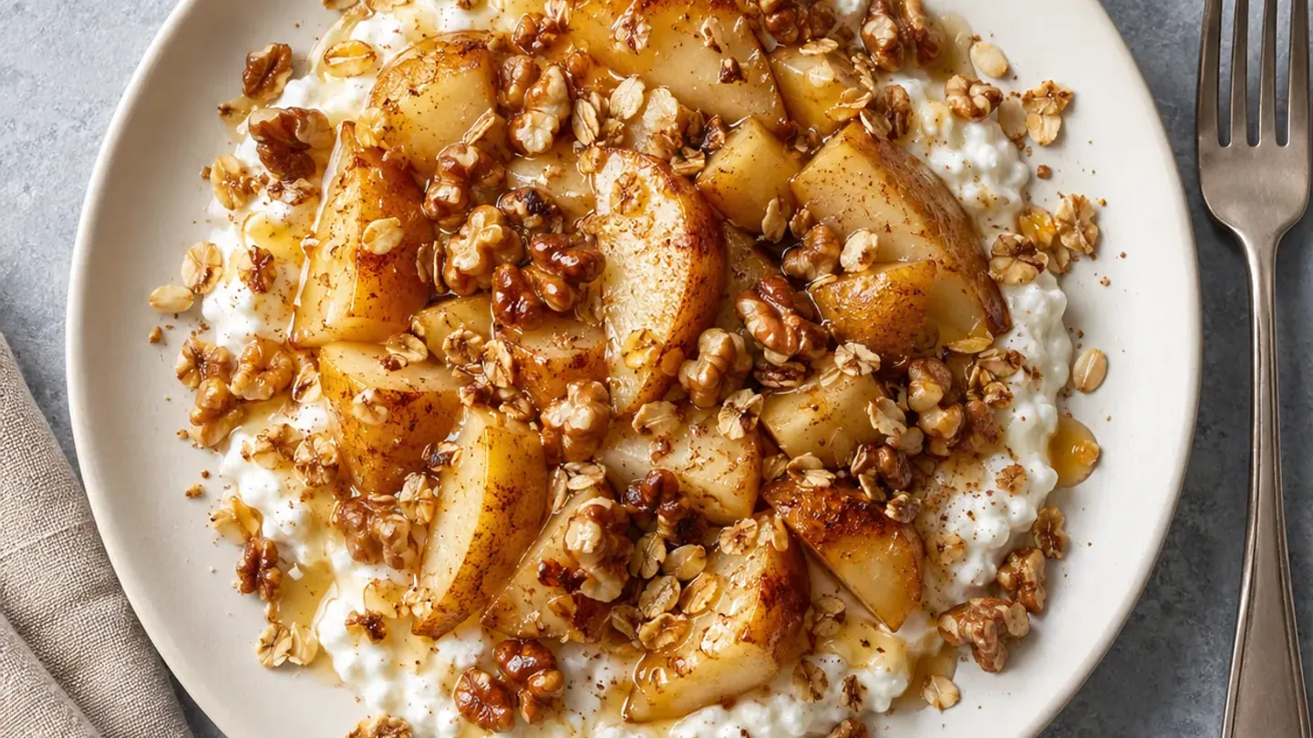 Cottage cheese, poire rôtie et noix