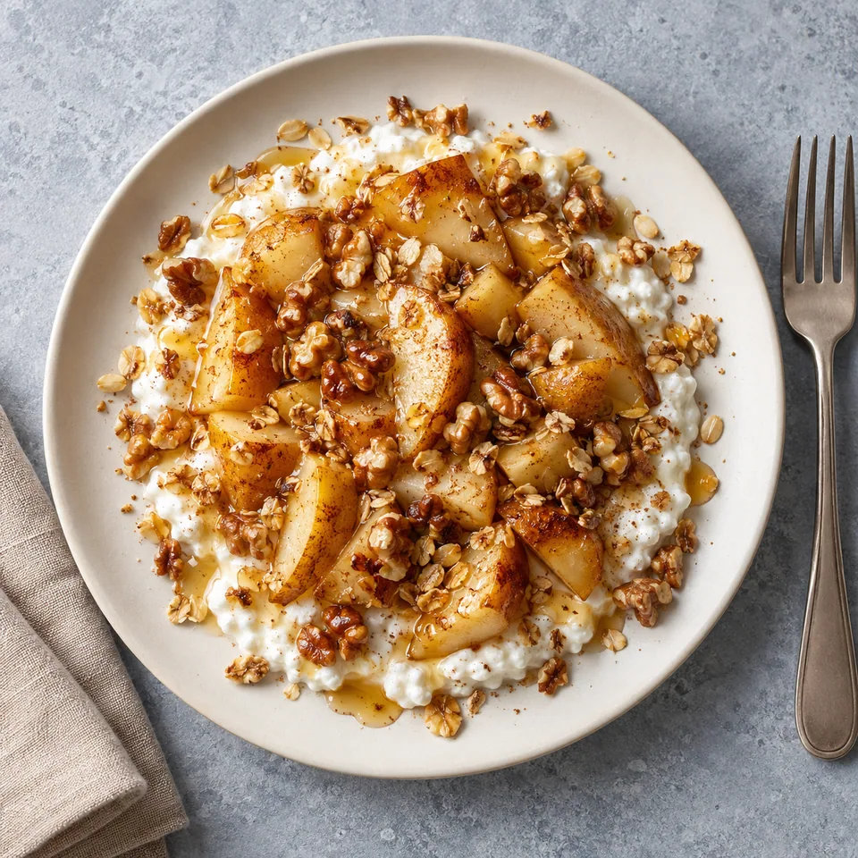 Cottage cheese à la poire rôtie et noix : crème blanche, poires dorées et noix croustillantes sur assiette blanche.