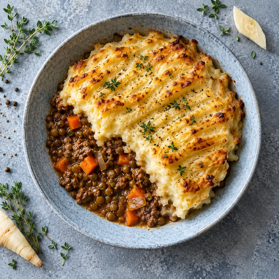 Cottage pie au bœuf et lentilles, purée de panais : purée dorée striée recouvrant une farce aux légumes et viande hachée.