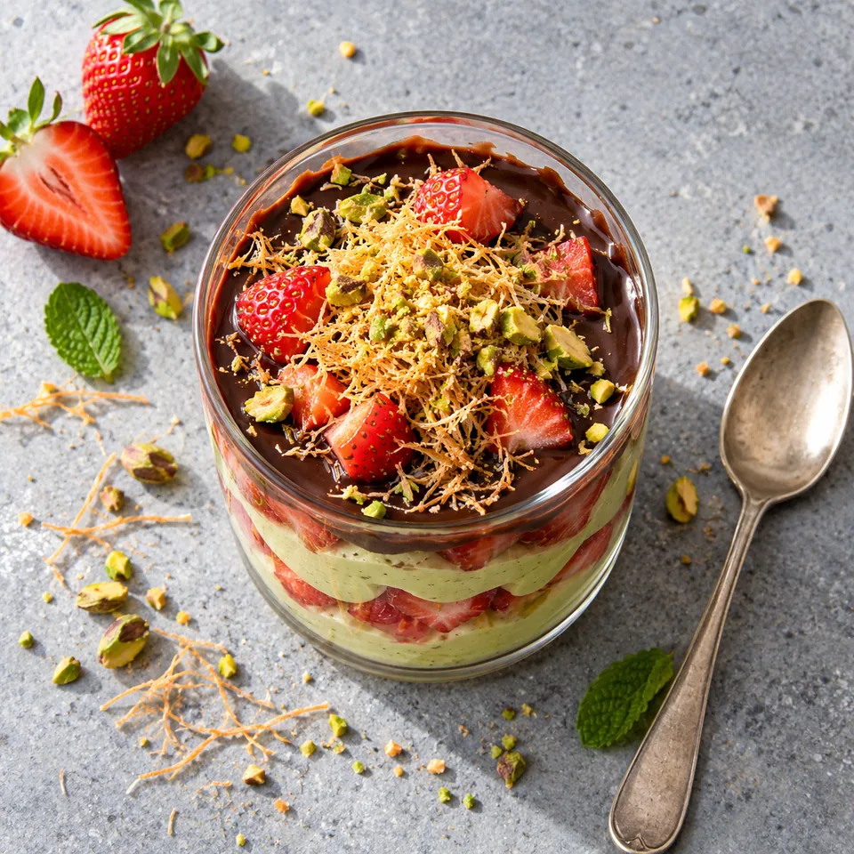 Coupes fraise-pistache au chocolat noir : verrine avec couches de fraises, crème de pistache, chocolat noir brillant et cheveux d'ange dorés.