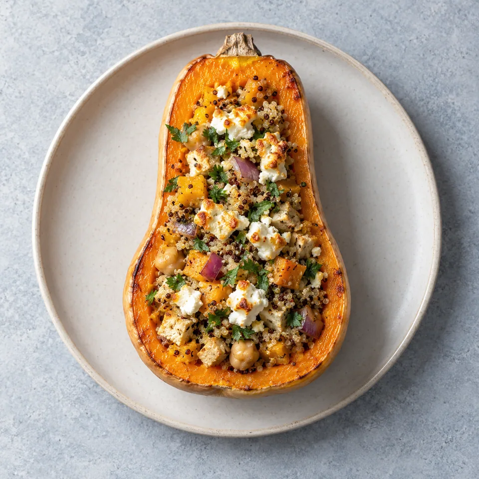 Courge farcie au tofu, quinoa et feta : une demi-butternut orange garnie de farce, d’oignon rouge, de persil et de feta dorée.