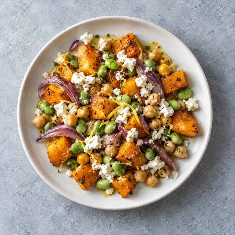 Courge rôtie, feta et pois chiches : courge dorée, edamame verts, pois chiches, oignon rouge et feta émiettée.