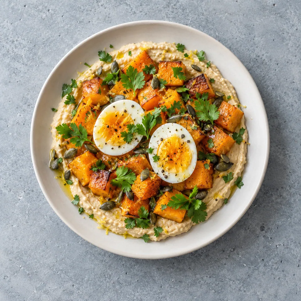 Courge rôtie et houmous avec un demi-œuf dur, graines de courge, persil et coriandre dans une assiette.