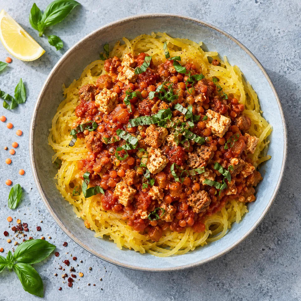 Assiette de courge spaghetti nappée de bolognaise végétale aux lentilles et tofu, parsemée de basilic frais.